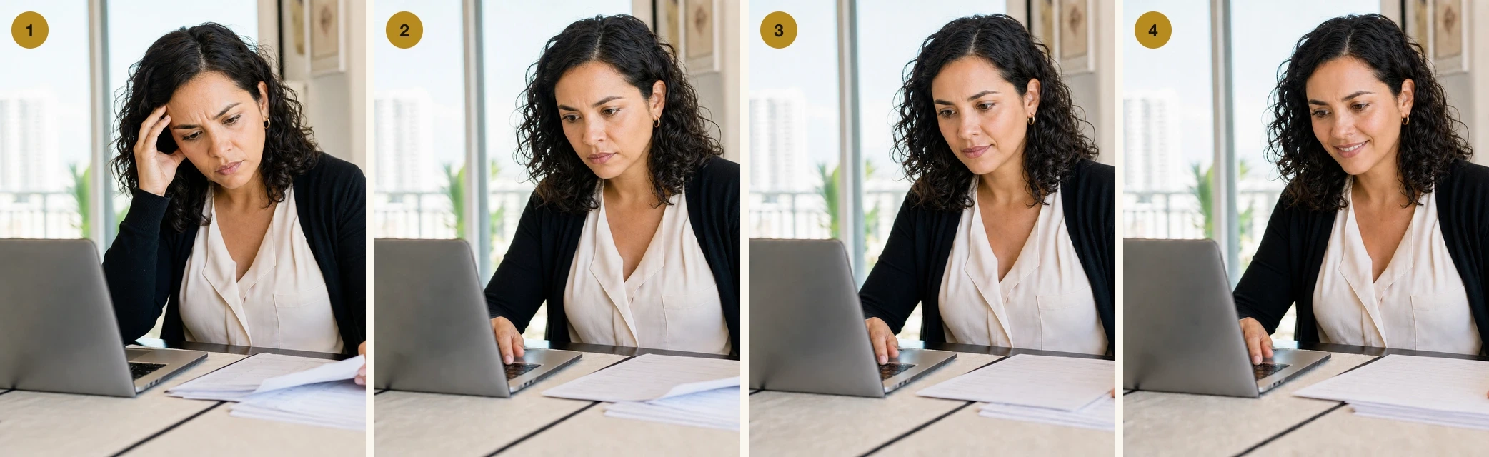 A woman at a table moving through four stages: overwhelmed by paperwork, focused on simple questions, relieved at the checked preview, happy with the finished form.